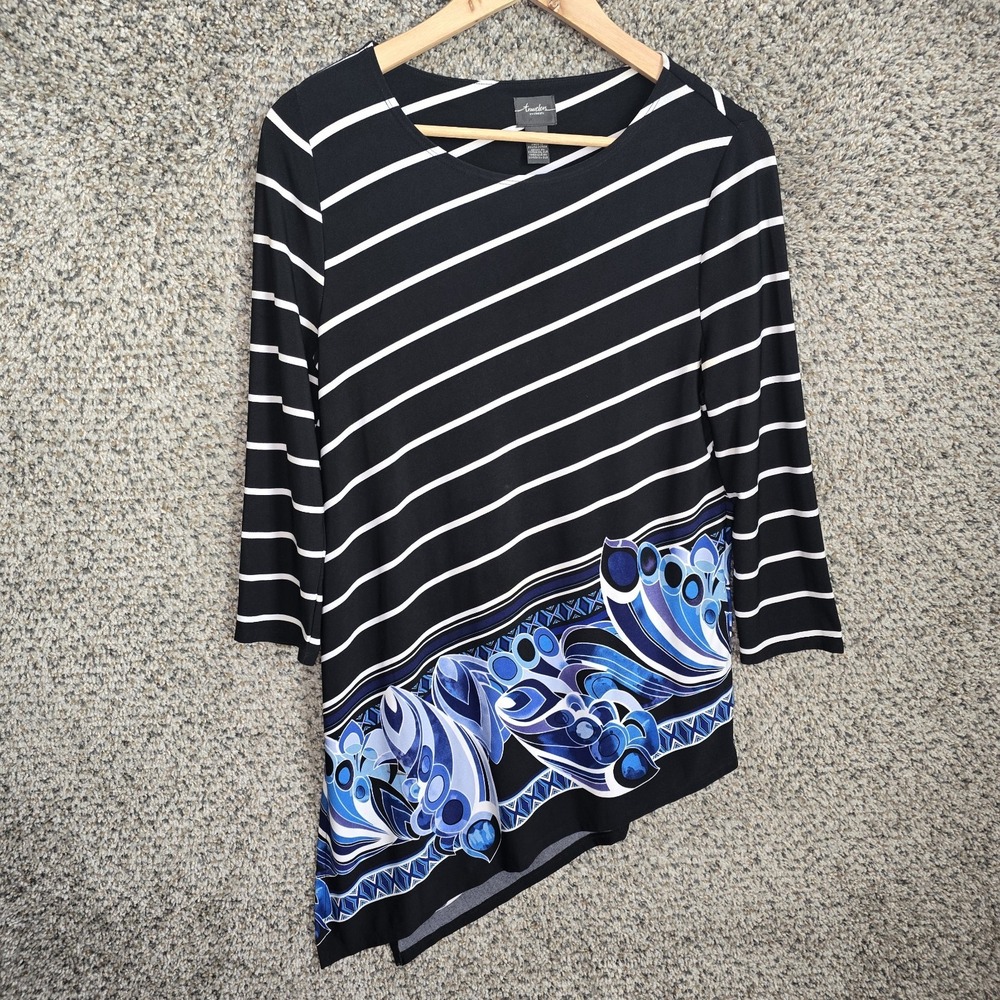 Chicos Travelers Top Womens 0 US Small Black Blue Tunic Scoop Neck Striped